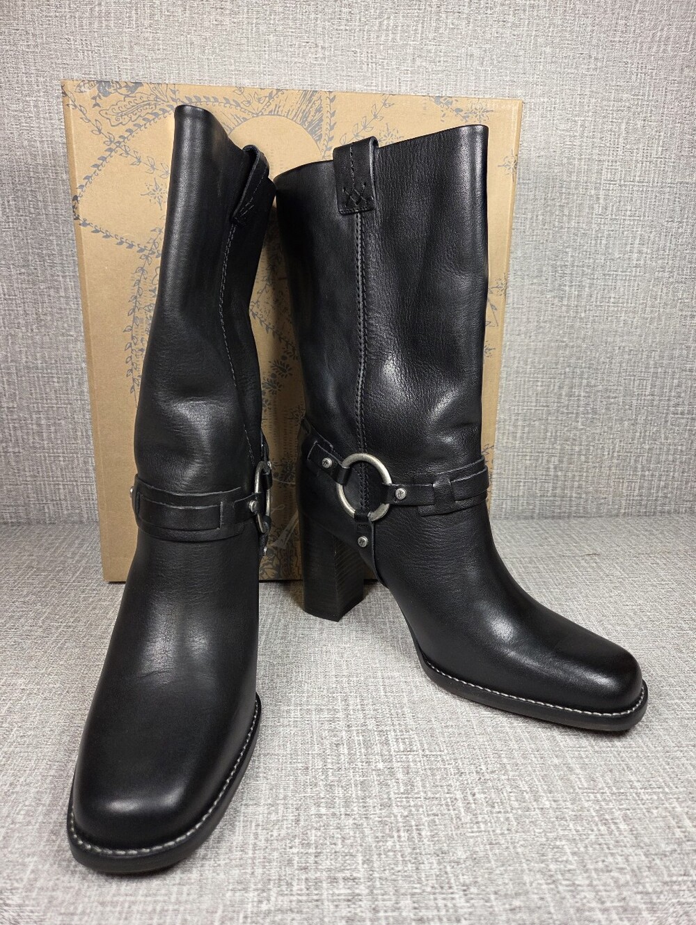 Free People NEW Hayden Harness Black Leather Moto Heeled Boots Women's 9 $258